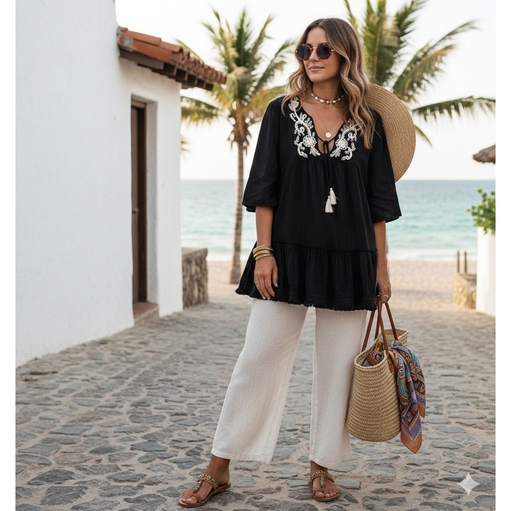 Boho Embroidered Tunic Dress Tiered Fringe Hem XL Dark Cottage Beachy‎ Resort